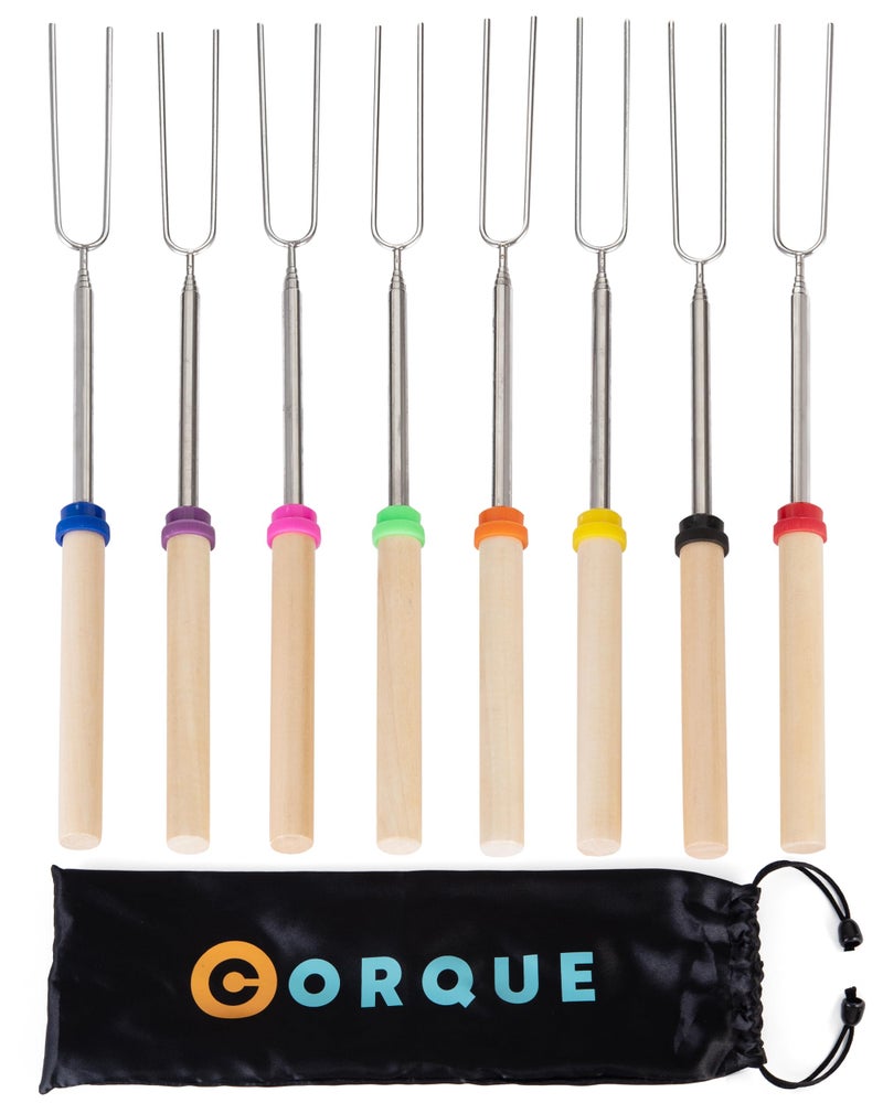 CORQUE Marshmallow Roasting Sticks, Smores Sticks, Extendable, Camping Skewer for Fire Pit, Wooden Handle, 32inch Metal for BBQ Hotdog, Cooking, Campfires, Bonfires, Set of 8 - Image 1